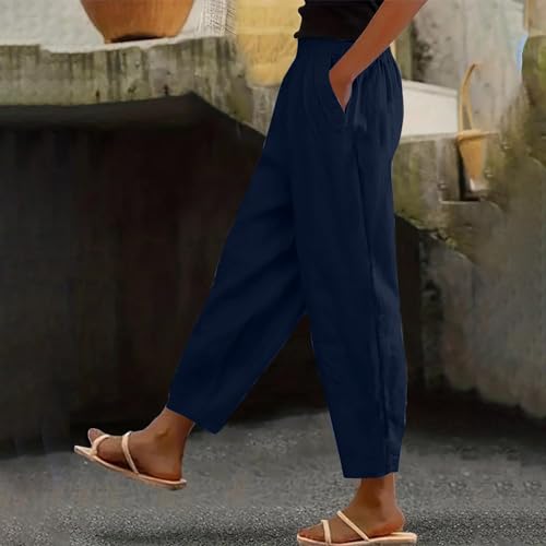 Linen Pants for Women High Waist Pants Plus Drawstring Elastic Waist Pants Trousers with Pockets Summer Casual Pants2