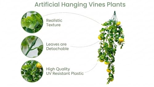 Image of Dekorly 2 Pack Artificial Plants Artificial Hanging Plants Faux Eucalyptus Leaf Greenery Fake Hanging Eucalyptus Plant (Green) (2, Magical Yellow Peony Vines)