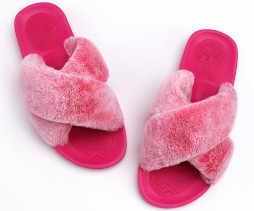 Image of COFACE Womens Fuzzy Slides Fluff Faux Fur Cross Slippers Open Toe Yoga Mat House Slipper Sandals With Arch Support For Indoor /Outdoor
