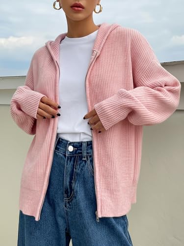 Image of SOLY HUX Zip Up Cardigan for Women Hooded Cardigan Sweater Knitted Drop Shoulder Fall Clothes Winter Hoodies Outerwear