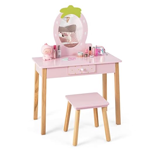 Costzon Kids Vanity Set with Mirror, Wooden Princess Makeup Dressing Table with Stool & Storage Drawer, Toddler Girl Vanity Table and Chair Set, Pretend Play Vanity Set for Little Girls, Pink