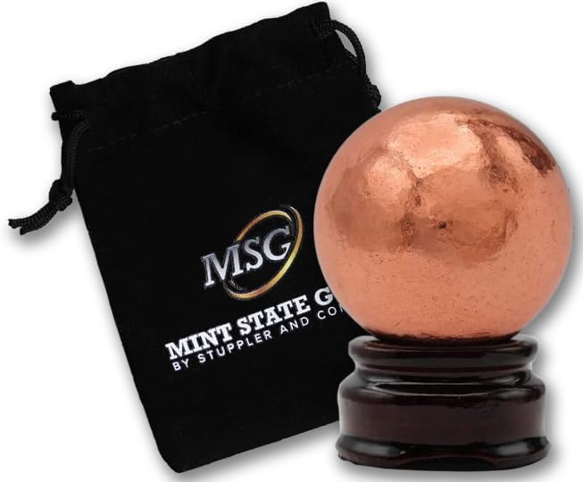 Miniatura 2 de Pisapapeles de bola de cobre con base de madera  2 pulgadas (2.000 in - 1.29 libras) Esfera sólida pura 99.9% con certificado de autenticidad por