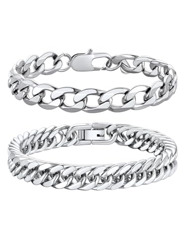 Richsteel 2PCS/3PCS Bracelets Chain for Men Women Stainless Steel Silver/Gold/Black Cuban/Rope Link Chain Bracelets Set, 7.4/8.2/9 Inch Hand Chain Length for Men Women Jewelry