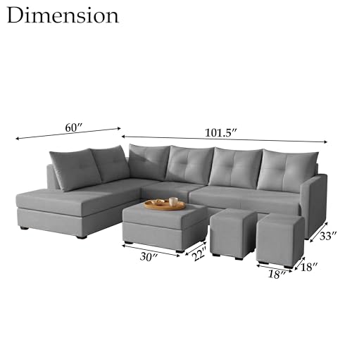 Image of Wood 8 Seater Sofa Set with Ottoman & Stools | Velvet Fabric Upholstery | Modern L Shape Wooden Frame Couch for Living Room, Home & Office (Grey)