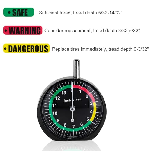 Image of Tire Tread Depth Gauge, Professional Dial Type Tire Tread Depth Gauge with Color-Coded Zones for Car Truck Motorcycle & Bus, Accurate 1 /32 inch Increments Reading