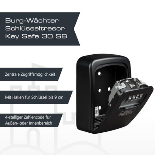 Burg-Wächter Schlüsseltresor mit 4-stelligem Zahlencode für außen und innen, Sicher, Wandmontage, Key Safe 30 SB, Schwarz