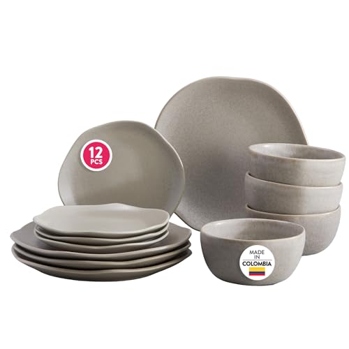 Corona - Juego de vajilla de 12 piezas de loza, hormigón, esmalte reactivo, juego para 4, 12 piezas, cerámica, acabado...