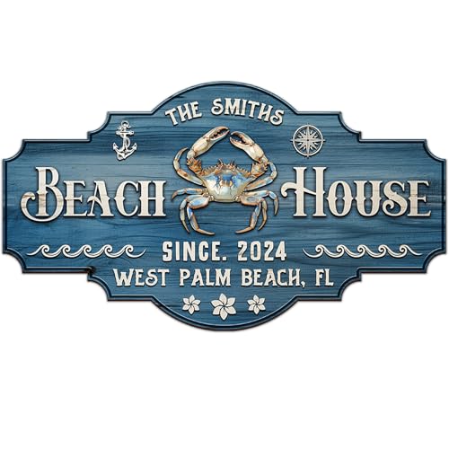 THUYPT Personalized Beach House Wooden Sign, Hanging Printed Wooden Sign Coastal House Wall Décor Sign, Beach Backyard Decor (01)