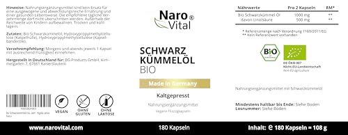Schwarzkümmelöl Kapseln Bio Kaltgepresst & Naturbelassen - 180 vegane Schwarzkümmel Kapseln Hochdosiert - 1000mg Ägyptisches Schwarzkümmelöl pro Tagesdosis - Black Seed Oil
