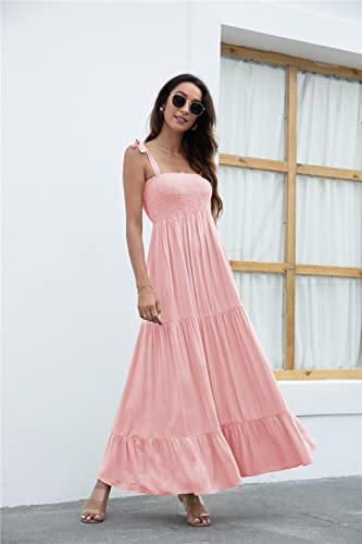 Image of kinstell Women's Summer Boho Spaghetti Strap Square Neck Ruffle Casual Flowy Long Dress Beach Swing Party Maxi Dress