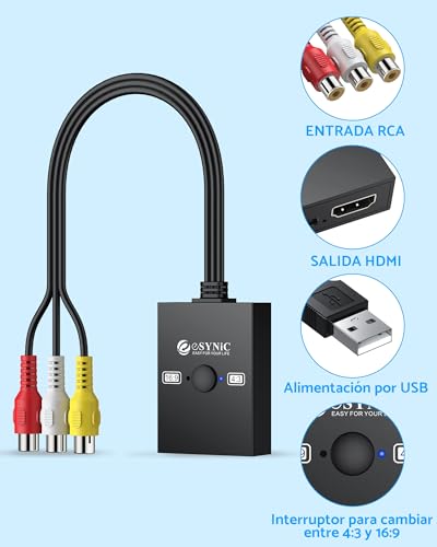 Miniatura 7 de Esynic Convertidor Rca A Hdmi 1080p Adaptador Av A Video Compuesto Cvbs Con Switch 16:9 4:3 Y Cable Hdmi 50 Cm Compatible Wii Ps1 Ps2 N64 Dvd Vhs Vcr Xbox