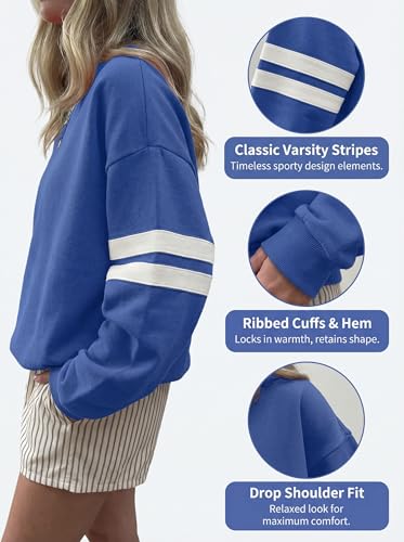 KevaMolly Women Varsity Striped Drop Shoulder Sweatshirt Sky Blue M — view 6