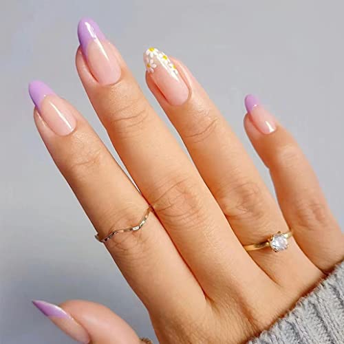 Foccna Medium Length Purple French Press On Nails Artificial Almond Daisy False Nails Full Cover Fake Nails Glossy Acrylic Nails For Women And Girls 24 Pcs  #TOP7