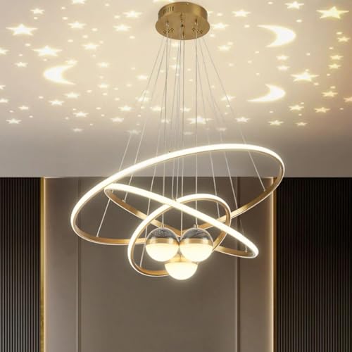 Lustre LED Dimerizável com Projeção de Galáxia e 3 Anéis | Luminária Pendente para Sala de Jantar sobre Mesa, Ilha de Cozinha, Sala de Estar e Quarto com 3 Cores (Ouro)