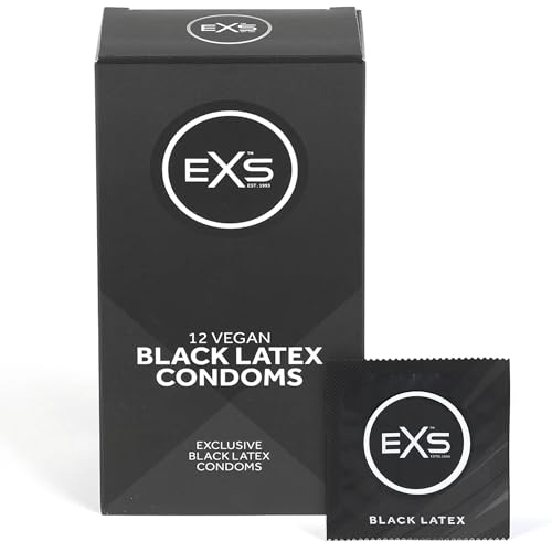 EXS Schwarze Latexkondome (12er-Pack) Normale Passform, hochwertiges Latex mit nicht spermizidem Gleitmittel, mit Reservoir, PETA-zertifiziert, 3 Jahre haltbar – CE-gekennzeichnet, NHS-zugelassen