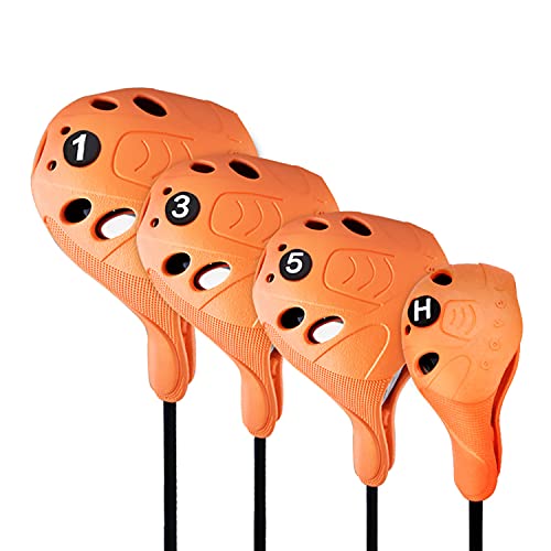 PGM Golf Head Cover 4pcs or 1pc Drivers Fairway Woods Hybrid Golf Club Cover with No. Pins Fit Oversized Right Handed Easy on Off Extra Club Protection Washable Cover for All Brands (Orange- 4pcs Set)