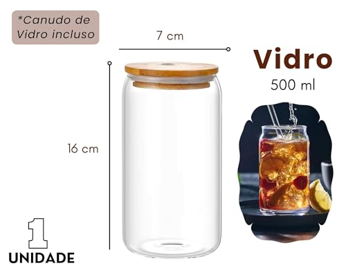 1 Copo Formato Lata De Vidro Com Tampa De Bambu E Canudo 500ml Multiuso Drinks Caipirinha Suco Refri