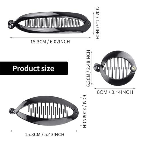 PLABBDPL 6 Stück Französische Bananen-Clips Haarkamm Fischschwanz Haarspange Kämme und Runde Bananen-Clip Flexible Pferdeschwanz Halter Haarstyling Zubehör für Frauen Mädchen (Schwarz)