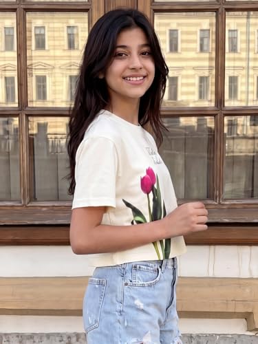 Image of Li'l Tomatoes Girls 100% Cotton Printed Top | Half Sleeve Casual Summer Top for Girls | Soft & Breathable Everyday Wear | Floral Sunflower Print | 9-16 Years