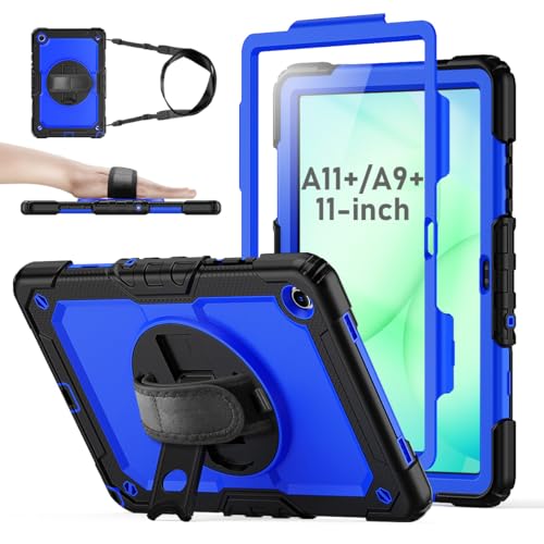 Case for Samsung Galaxy Tab A11 Plus 2026 / A9 Plus 11 Inch 2023, Galaxy Tab A11+ / A9+ Case with Screen Protector, Full-Body Drop Protection, 360&deg; Rotating Stand & Hand/Shoulder Strap - Black Blue