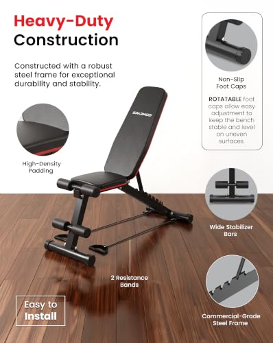 Image of Sparnod Fitness SWB-59 Adjustable Weight Bench with Resistance Bands, Incline, Flat & Decline Bench, Heavy-Duty Steel Frame, 200 kg Max User Capacity, Home Gym Strength Training Bench
