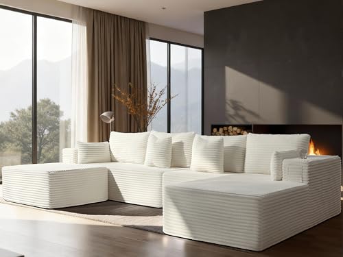 Image of 138 inch Cloud Sectional Couch, Comfort U Shaped Boneless Couch for Living Room, Extra Deep Seats No Assembly, Minimalist Modular Sofa, Corduroy (Cream, 3 Seater+Right Facing Chaise+Ottoman)