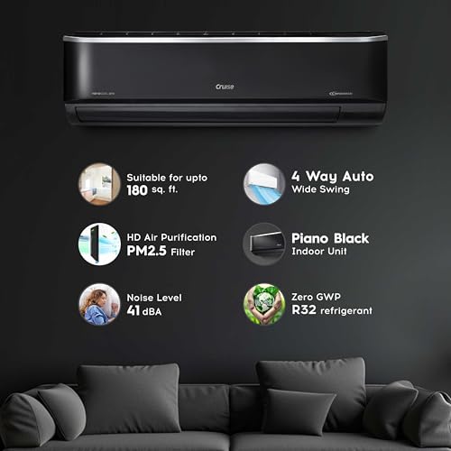 Image of Cruise 2 Ton 3 Star Inverter Split AC (CWCVBM-VQ1F243BL, Piano Black) | Heavy Duty Cooling at 55 C, 2026 Model, Long Airflow, 100% Copper, Convertible 4-in-1, 4-Way Swing, PM 2.5 Filter