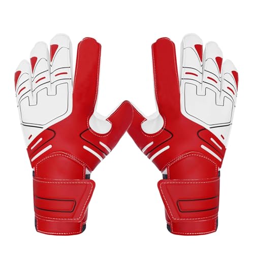 AnnuoYi Goalie Gloves, Football Goalkeeper Gloves, Youth Soccer Goalkeeper Gloves, Red, Men's, Ambidextrous, Latex, Mesh Fabric, Hook and Loop Closure