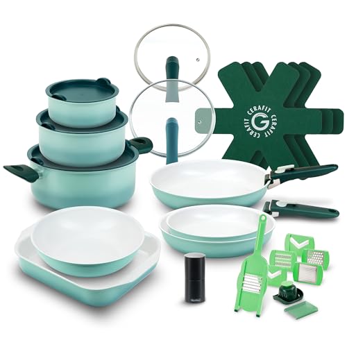 Genius Cerafit Revolution Vario Pfannenset Kochgeschirr Set 27-tlg. Keramikbeschichtung abnehmbare Griffe Topfsets Induktion geeignet backofenfest bis 250 C PFAS-frei