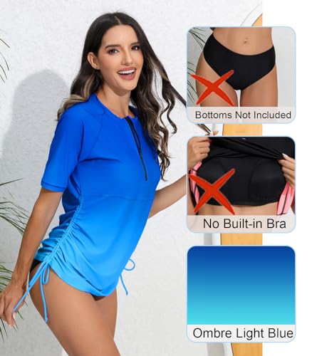 Halcurt Women's Half Zip Short Sleeve Rash Guard Swimsuit Top Ruched Swim Shirt UPF50+ Quick Dry Bathing Suit3