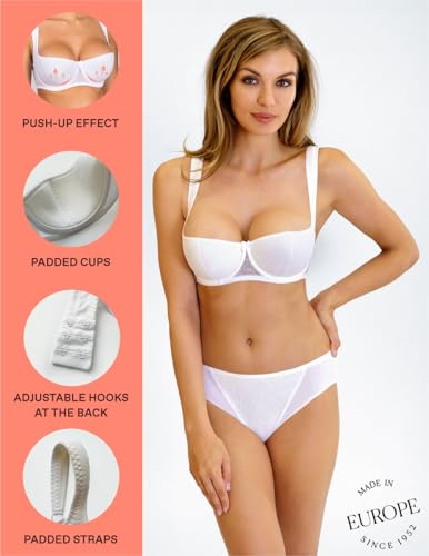 Image of Rosme Women's Balconette Bra with Push Up Effect Plus Size Sexy Lace Demi Half Cup Bra Underwired Low Cut Mesh Bras Grand