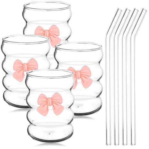 Set of 4 Pink Bow Glass Tumblers with Straws - Stylish Ripple Glass Cups for Iced Coffee, Juice, Tea & Water - Perfect Gift for Women