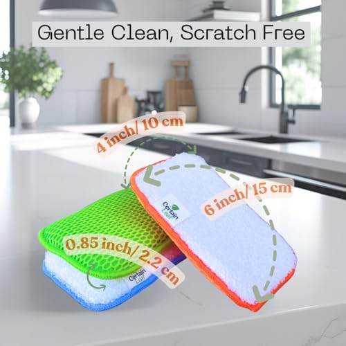 Image of Kitchen Dish Sponge Set, Dual Sided with Rayon derived from Bamboo and Mesh, Non Scratch Kitchen Cleaning Sponge Extra Absorbent Dish Sponge with Long Lasting Durable Scrubber, 3 Pack