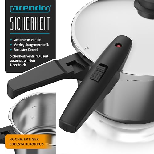 Foto von Arendo - Schnellkochtopf Induktion 6l Edelstahl - 3in1 – 6 Liter Fassungsvermögen – induktionsgeeignet – Dampfgaren – Korbeinsatz – integriertes Sicherheitssystem – Druckkochtopf Dampfkochtopf