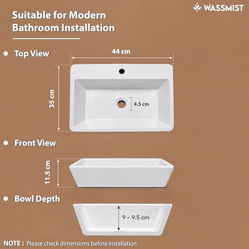 Image of WASSMIST Wash Basin | Table Top WashBasin for Bathroom with 10 Year Glaze Warranty | Premium Ceramic Rectangular Basin (17 X 14 X 4.50 inch)