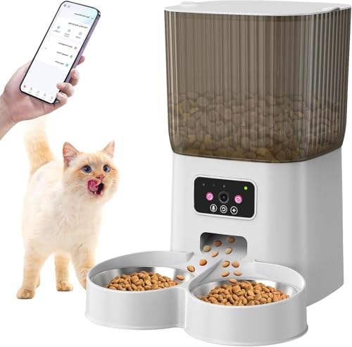 Distribuitore Automatico di Cibo per Gatti con Telecamera, Distributore di Crocchette Programmabile 5L con Timer, Video HD 1080P, Audio Bidirezionale, 2 Ciotole in Acciaio, Controllo App