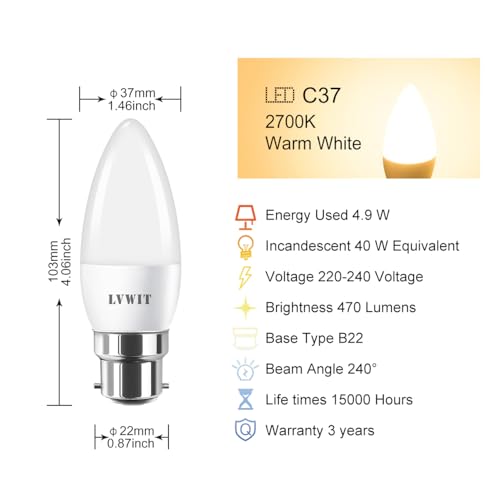 LVWIT B22 Candle Bulb,C37 Bayonet Candle Light Bulb 40W Equivalent, 4.9W,470Lm,2700K Warm White Candle Bulbs Bayonet,Energy Saving Chandelier Lightbulbs,Non-Dimmable (Pack of 6) - Image 4