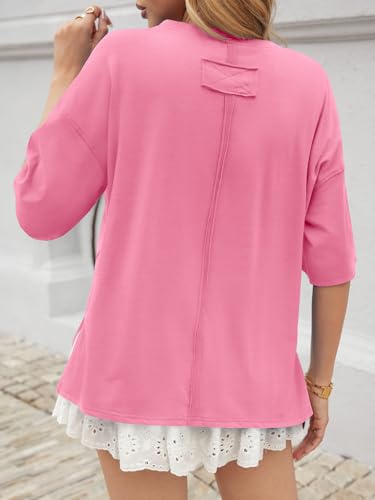 Image of UNCLECAT Womens Oversized T Shirts Summer Trendy Short Sleeve Crew Neck Tops Loose Fit Side Slit Tees Pink