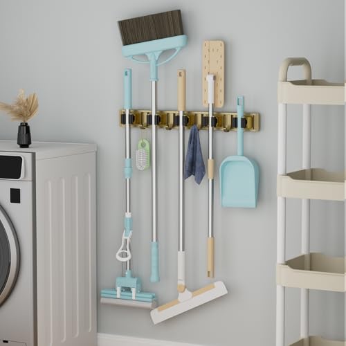 Image of reliahom Broom Holder Wall Mount Mop Hanger Tools organizer 5Racks 4Hooks