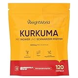 Kurkuma Kapseln - 3200 mg pro portion mit Ingwer & schwarzem Pfeffer - 120 Curcuma Kapseln - Wiederverschließbarer Beutel - 2 Monate Vorrat - Vegan - Täglich 2 Kapseln -WeightWorld