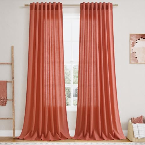 Coral Linen Curtains 102 Inches Long 2 Panel Set Back Tab Rod Pocket Semi Sheer Light Filtering Burlap Extra Long Drapes Neutral Farmhouse Decor for High Window Living Room 52x102