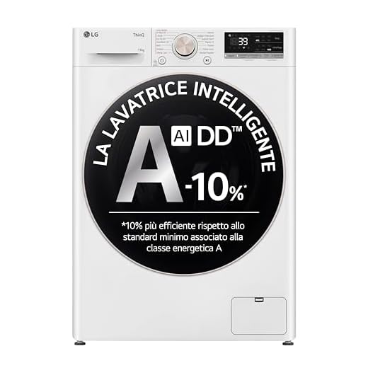 LG AI DD F4R7011TSWG Lavatrice 11kg, a Carica Frontale, Serie R7, Lavatrice Classe A -10%, 1400 giri, TurboWash 360, Vapore su 7 Programmi, Wi-Fi, Libera installazione, Bianco