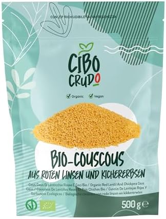 Cous Cous Bio aus Roten Linsen und Kichererbsen - 500g. Glutenfreies Couscous für Rezepte mit Linsen und Curry oder Linsen mit Gemüse.