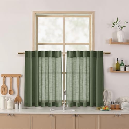 Image of Nanspring Linen Kitchen Curtains 30 Inches Long 2 Panels Olive Green Semi Sheer Short Curtain Back Tab Rod Pocket Solid Privacy Cafe Tier Curtains for Cafe Bathroom Basement 36x30