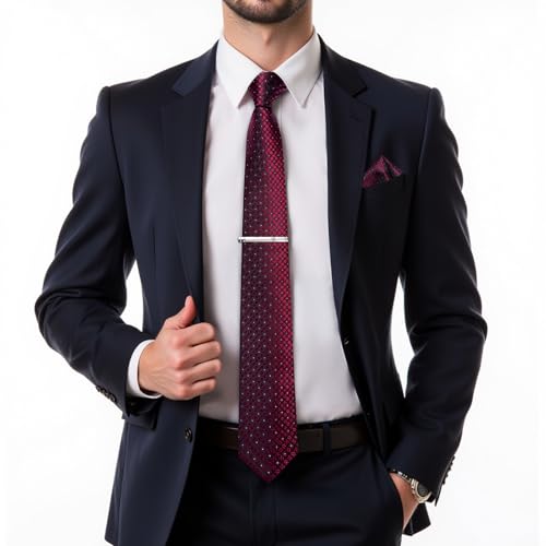 Image of DiBanGu Mens Silk Plaid Tie and Pocket Square Set | Elegant Silk Formal Tie Set, Woven Check Necktie and Cufflinks Tie Clip Set, Perfect for Wedding Party, Comes in Gift Box