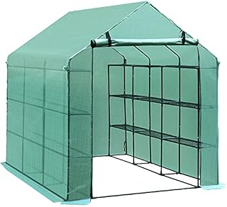 Outsunny Poly Tunnel Steeple Walk in Garden Greenhouse with Removable Cover Shelves - Green 244 x 182 x 213cm