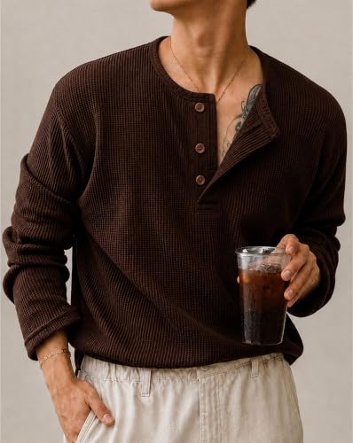 Image of AUSK Men's Textured Henley T-Shirt || Full Sleeve Ribbed Knit Button Neck T Shirt for Men || Regular Fit Casual Wear Tee || Smart Casual Tshirt for Mens
