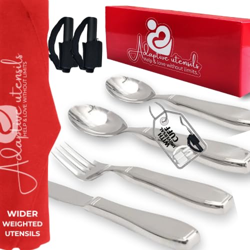weighted utensils for hand tremors | weighted utensils for tremors and parkinsons patients | Set 4 Piece with Universal Cuff easy grip & cover | Elegant weighted silverware with Gift Box
