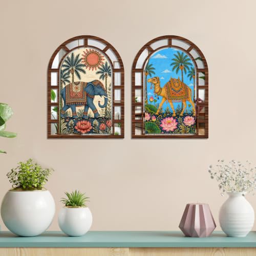 Image of Artvibes Elephant & Camel Home Wall Decor | Jharokha Mirror Wall Hanging for Living Room, Hall, Bedroom, Lobby, Dining Area & Entrance | Gift (WHJ 12054N), Set of 2