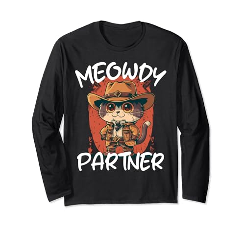Meowdy Partner Musica Country Cowboy Cat Maglia a Manica